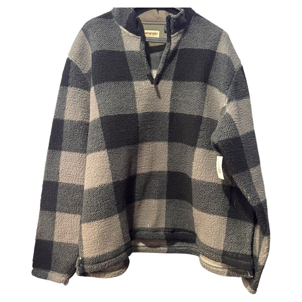 Wrangler Black and Gray Buffalo Plaid Sherpa Quarter-Zip Pullover